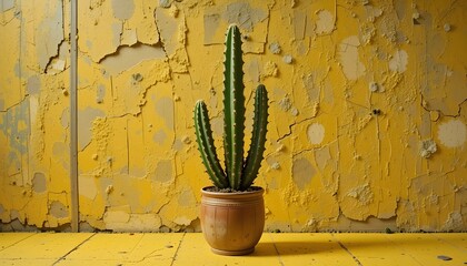This eye-catching visual features a green cactus plant in a simple pot, sharply contrasted against a vibrant yellow background. The clean composition and bold color palette make it ideal for modern