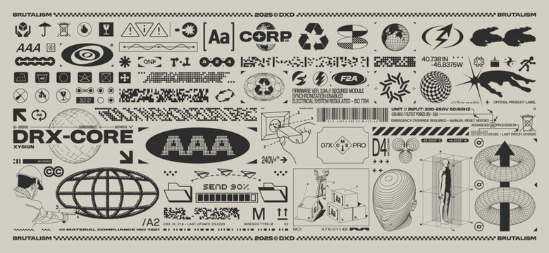 Brutalism tech graphic set. Glitch symbols, packaging signs, fake logos and futuristic elements. Y2K monochrome interface for sci-fi UI, poster or branding design. Vector set