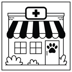 Simple black and white pet clinic building illustration