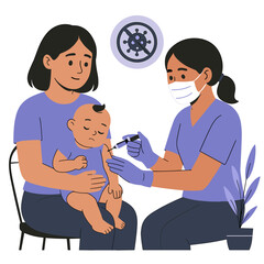 child vaccination, baby immunization, mother and baby, nurse illustration, healthcare for children, infant vaccine, doctor and child, mother love, flat style medical, health safety, nurse and baby, va