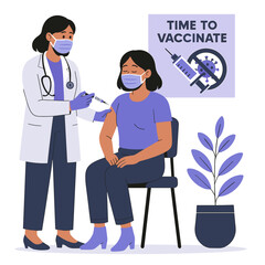 Obraz premium Flat Vector Illustration of a Female Doctor Administering Vaccine to a Seated Patient with Medical Elements and Calm Atmosphere