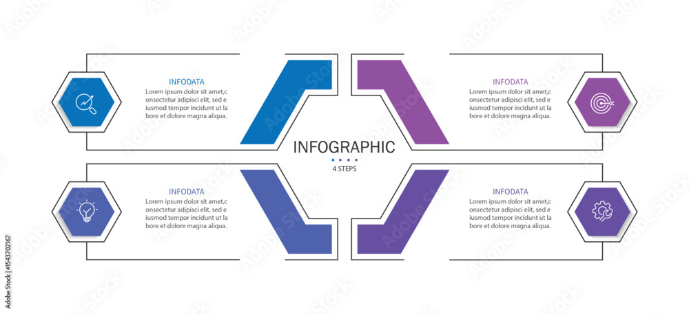 Aufkleber Design template for vector infographic labels with icons and 4 options or steps. Suitable for process diagrams, presentations, workflow layouts, banners, flow charts, and infographics.