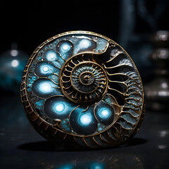 4K Fossilized Ammonite with Glowing Tech Shell and Bioluminescent Highlights
