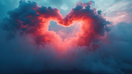 Heart-shaped smoke trail in pink and blue from a Red Arrows air show in the sky, aerial performance, colorful smoke display, romantic shape, aviation show, flight demonstration, sky art.