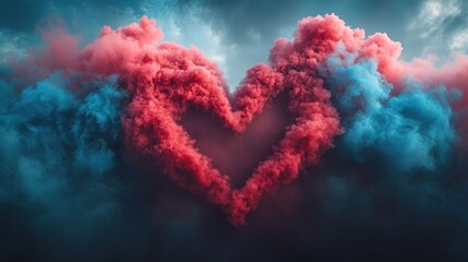 Heart-shaped smoke trail in pink and blue from a Red Arrows air show in the sky, aerial performance, colorful smoke display, romantic shape, aviation show, flight demonstration, sky art.