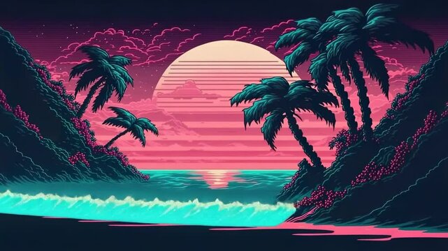 Starting beachscape at dusk with neon sun hovering horizon, palm trees swaying and waves cresting