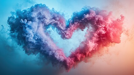 Heart-shaped smoke trail in pink and blue from a Red Arrows air show in the sky, aerial performance, colorful smoke display, romantic shape, aviation show, flight demonstration, sky art.