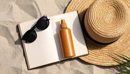 Straw hat and sunglasses on the beach