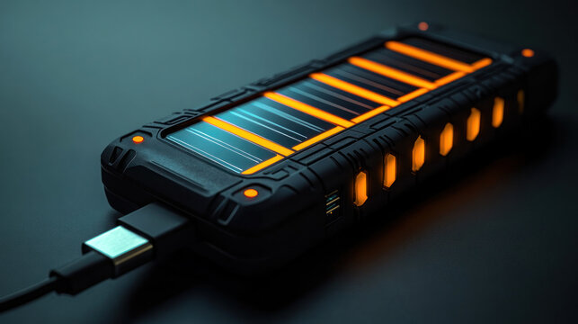 Dark, futuristic power bank with glowing cells