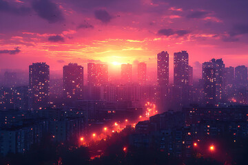 Cityscape at Dusk with Towering Buildings and Vibrant Sky