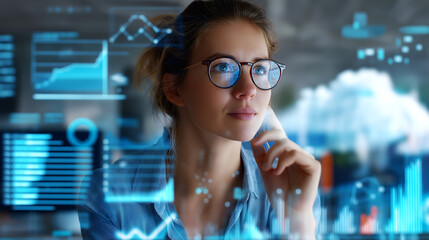 Woman analyzing business data on a virtual computer screen