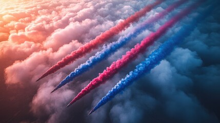 Heart-shaped smoke trail in pink and blue from a Red Arrows air show in the sky, aerial performance, colorful smoke display, romantic shape, aviation show, flight demonstration, sky art.