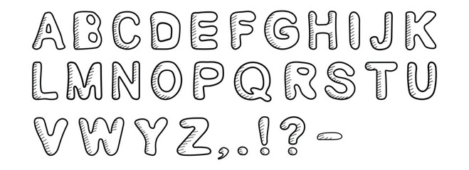 Hand drawn English Alphabet font . Cute doodle font with black letters. Fun alphabet for kids lettering vector set. For back to school theme, library, wrapping paper, wallpaper, banners.