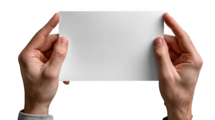 Two hands holding blank white paper isolated on transparent background