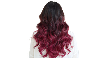Isolated Transparent, Black hair with deep pink streaks in Korean wave curls, deep pink highlights on soft curled black hair in studio, deep pink highlights black hair feminine wave look. PNG die-cut
