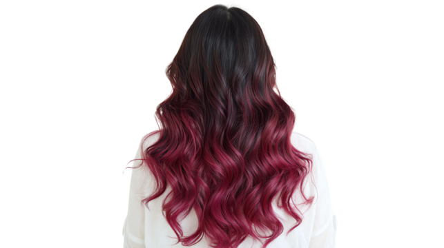 Isolated Transparent, Black hair with deep pink streaks in Korean wave curls, deep pink highlights on soft curled black hair in studio, deep pink highlights black hair feminine wave look. PNG die-cut