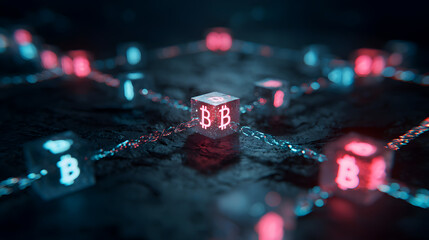 Interconnected blockchain cubes glow with bitcoin symbols in a digital network
