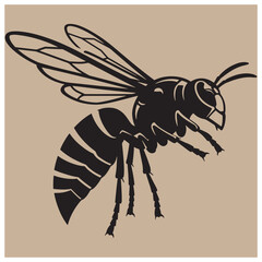 Obraz premium Black and white illustration of a wasp or hornet in flight against a tan background