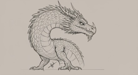 Detailed Dragon Sketch: A mythical beast depicted in monochrome artwork and outline