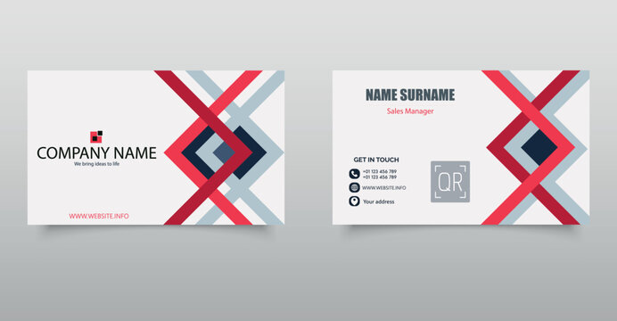 Professional business card layout featuring dynamic red, navy, and gray geometric shapes on a white background. Suitable for corporate branding, personal identity, or sales professionals - Powered by Adobe