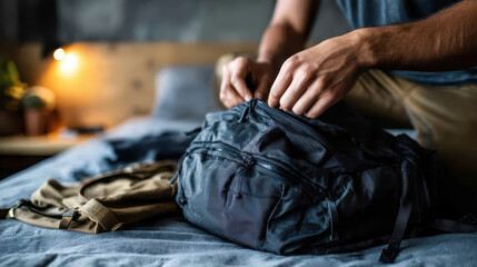 Backpacker Zipping Up Hiking Bag Beside Bed in Candid Indoor Setting with Soft Lighting