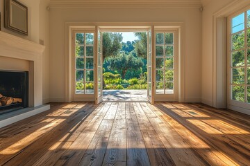 Obraz premium Well-lit living room with wooden flooring and wide open glass doors