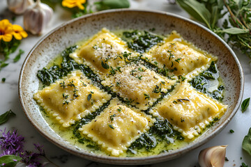 Serving of Ravioli with Spinach and Herbs on Ceramic Plate