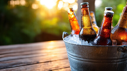 Refreshing Beer Bottles in Ice Bucket with Condensation Under Natural Light in Outdoor Setting