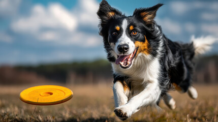 Border Collie Dog Joyfully Catching Frisbee Mid Air in Action Shot with Blue Sky Background