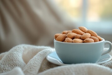 Almonds in a white mug. Nuts on light background. Healthy snacks