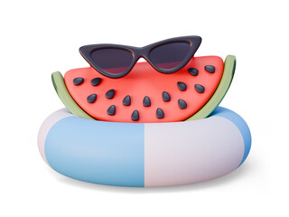 3D Watermelon Slice in Sunglasses in Inflatable Ring. Cute Summer Time Scene Design for Posters
