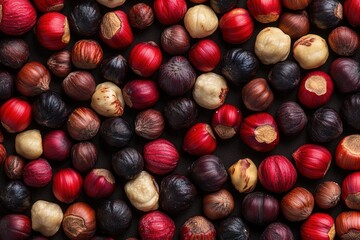Colorful hazelnuts close-up. Dried nuts top view. Healthy snack