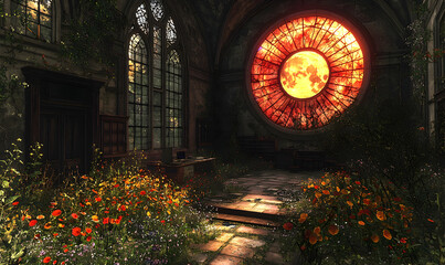 Overgrown Building Interior with Flowers and Large Round Stained Glass Window