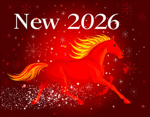 Red Fire Horse against the background of New Year's fireworks and sparks - a symbol of 2026 according to the eastern calendar. AI, Illustration, Generation, Generated image.