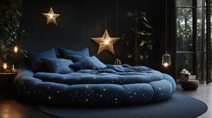 Dark, round bed with star pattern, glowing accents, and forest view
