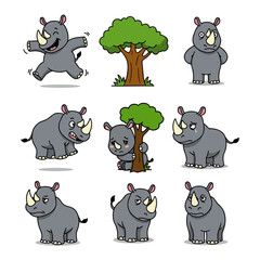 set cartoon character of funny rhino on white background