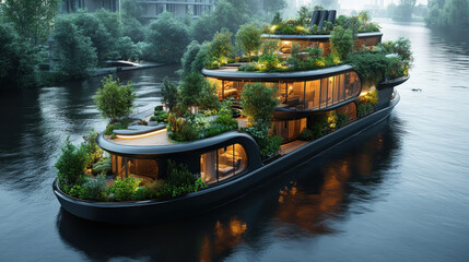 Luxury houseboat, verdant, modern design