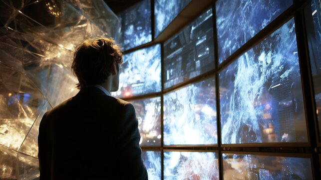 Contemplative businessman viewing data wall display reflecting technological advancements
