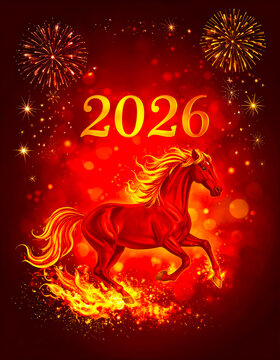 Red Fire Horse against the background of New Year's fireworks and sparks - a symbol of 2026 according to the eastern calendar. AI, Illustration, Generation, Generated image.