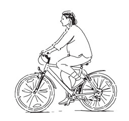 Obraz premium Contour drawing of one townswoman cyclist riding bicycle on city street, side view, realistic hand drawn vector illustration isolated on white