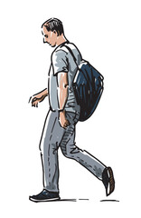 Sketch of alone casual man pedestrian with backpack walking outdoors, side view, realistic hand drawn vector illustration isolated on white
