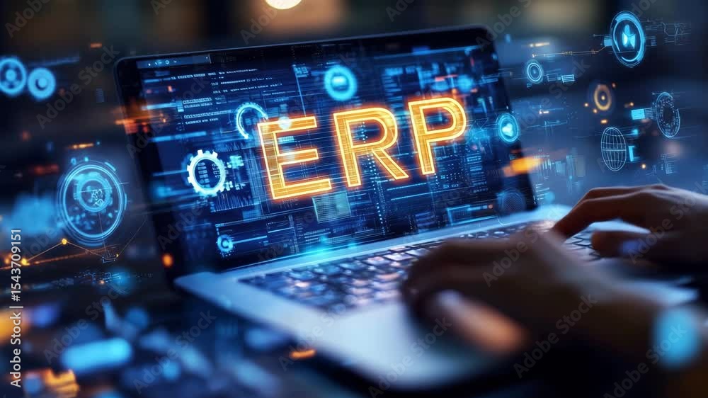 Poster In a sleek digital workspace, a user interacts with an advanced interface displaying ERP software features. Illuminated elements create a futuristic atmosphere, emphasizing innovation.