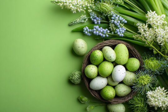 Easter Eggs and Flowers on Green Background - Powered by Adobe