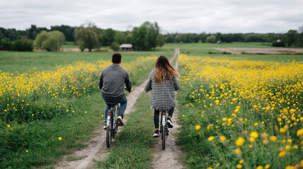 Obraz premium Couple Riding Bikes Through Vibrant Countryside Road Surrounded by Beautiful Yellow Flowers in Springtime