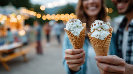 Joyful Couple Sharing Ice Cream Cones on a Warm Day at a Festive Outdoor Event with Lights in the Background