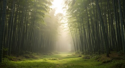 Obraz premium Serene Bamboo Forest Path Sunlit Mist and Lush Greenery