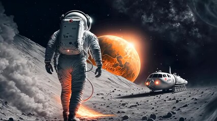 Emerging astronaut stepping from dust cloud onto alien surface toward tracked rover, red planet - Powered by Adobe