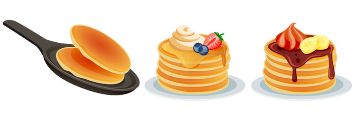 Cooking homemade breakfast. Vector illustration of pancakes with different toppings and pancake on frying pan