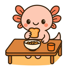 Adorable axolotl eating breakfast at table cute cartoon amphibian having cereal, toast, and juice, perfect for morning routine illustrations, kids food design, kawaii mealtime concept
