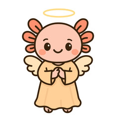 Cute angel axolotl with halo and wings – adorable cartoon character for Christmas, religious holidays, baby blessing, children’s storybook, heavenly creature clipart, and kawaii fantasy theme